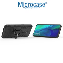Microcase Oppo Reno 10x Zoom Batman Serisi Yüzük Standlı Armor Kılıf - Siyah + Tam Kaplayan Çerçeveli Cam