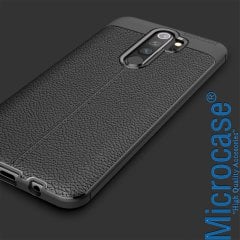 Microcase Xiaomi Redmi 9 Leather Tpu Silikon Kılıf - Siyah + Tempered Glass Cam Koruma