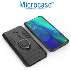 Microcase Oppo Reno 10x Zoom Batman Serisi Yüzük Standlı Armor Kılıf - Siyah + Tam Kaplayan Çerçeveli Cam