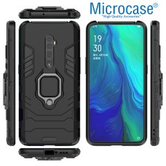 Microcase Oppo Reno 10x Zoom Batman Serisi Yüzük Standlı Armor Kılıf - Siyah + Tam Kaplayan Çerçeveli Cam