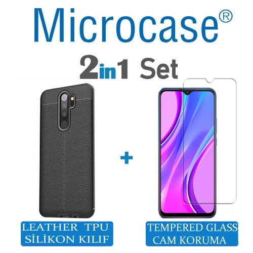 Microcase Xiaomi Redmi 9 Leather Tpu Silikon Kılıf - Siyah + Tempered Glass Cam Koruma