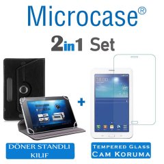 Microcase Samsung Galaxy Tab 3 Lite T110 T113 7 inch Tablet Universal Döner Standlı Kılıf - Siyah + Tempered Glass Cam Koruma