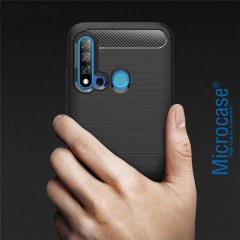 Microcase Huawei Nova 5i Brushed Carbon Fiber Silikon Kılıf - Siyah + Tempered Glass Cam Koruma