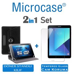 Microcase Samsung Galaxy Tab S3 T820 T825 T827 9.7 inch Tablet Universal Döner Standlı Kılıf - Siyah + Tempered Glass Cam Koruma