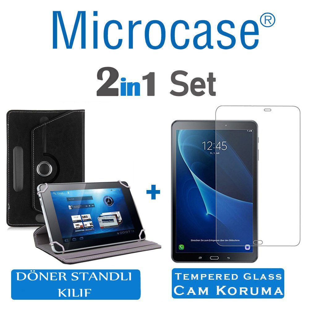 Microcase Samsung Galaxy Tab A T580 T585 T587 10.1 inch Tablet Universal Döner Standlı Kılıf - Siyah + Tempered Glass Cam Koruma