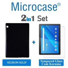 Microcase Lenovo TAB M10 10.1 X505F 4G LTE Tablet ZA490043TR Tablet Silikon Tpu Soft Kılıf - Siyah + Tempered Glass Cam Koruma