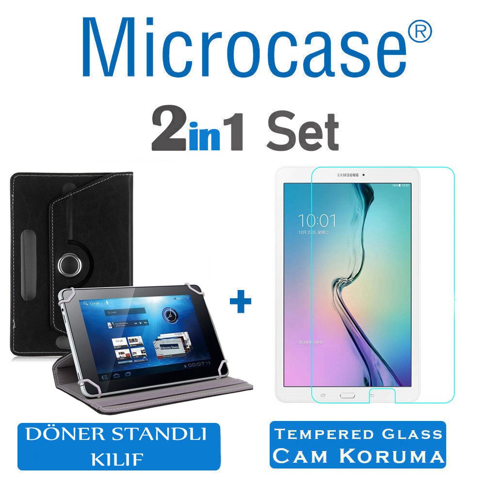 Microcase Samsung Galaxy Tab E 9.6 inch T560 T565 T567 Universal Döner Standlı Kılıf - Siyah + Tempered Glass Cam Koruma