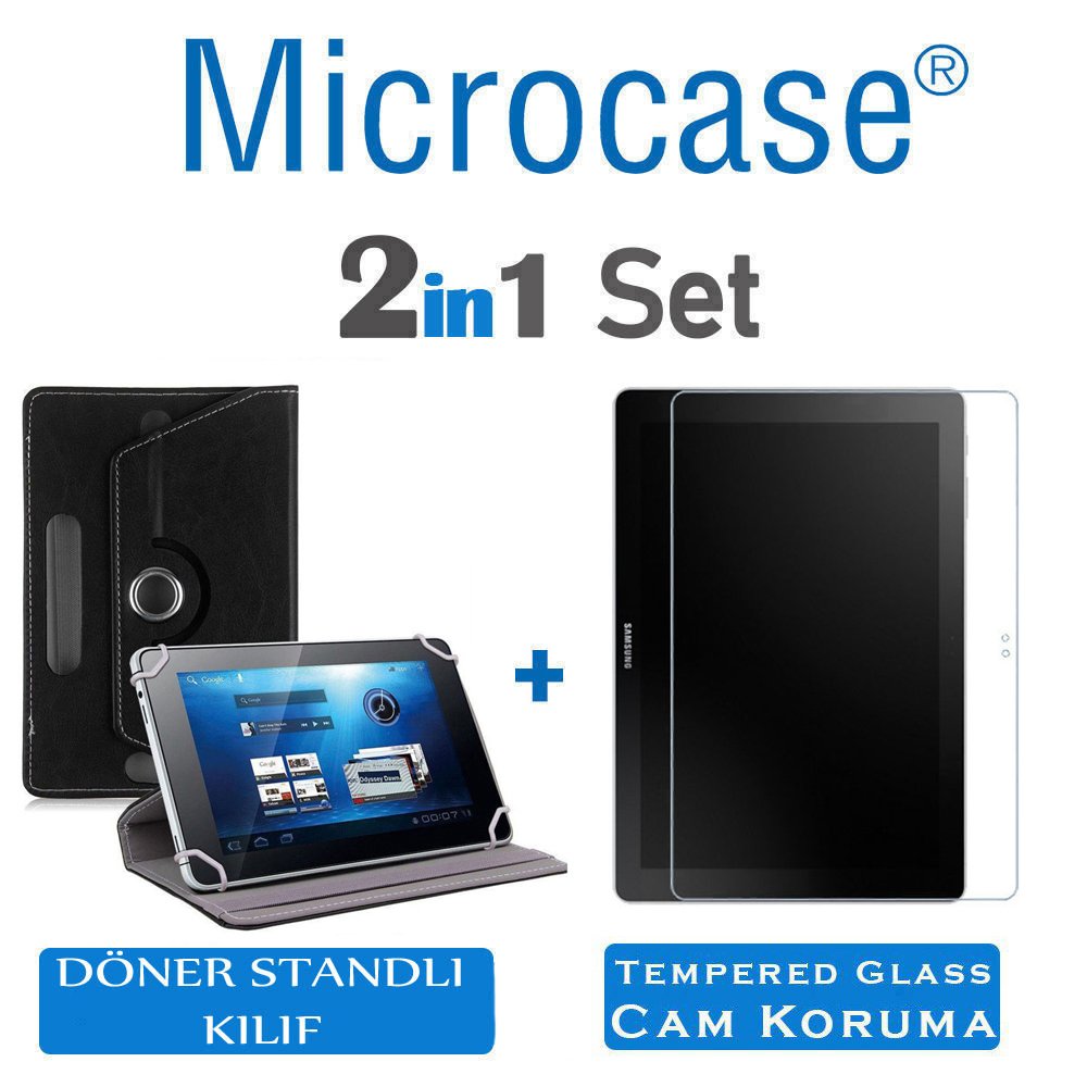 Microcase Samsung Galaxy Book 10.6 inch Universal Döner Standlı Kılıf - Siyah + Tempered Glass Cam Koruma