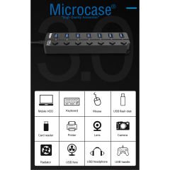 Microcase 7 Port Usb 3.0 Hub Çoklayıcı Çoğaltıcı Aç/Kapa Düğmeli 1.2 mt ZR970 - AL4923