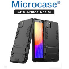 Microcase Huawei Y5P Alfa Serisi Armor Standlı Perfect Koruma Kılıf - Siyah + Tempered Glass Cam Koruma