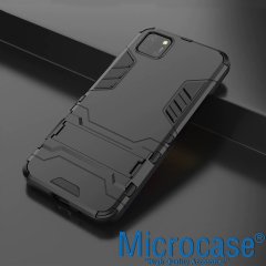 Microcase Huawei Y5P Alfa Serisi Armor Standlı Perfect Koruma Kılıf - Siyah + Tempered Glass Cam Koruma