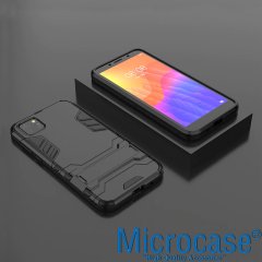 Microcase Huawei Y5P Alfa Serisi Armor Standlı Perfect Koruma Kılıf - Siyah + Tempered Glass Cam Koruma