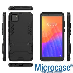 Microcase Huawei Y5P Alfa Serisi Armor Standlı Perfect Koruma Kılıf - Siyah + Tempered Glass Cam Koruma
