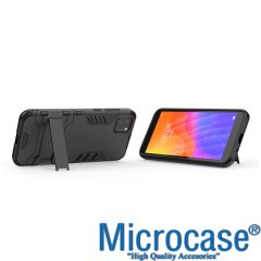 Microcase Huawei Y5P Alfa Serisi Armor Standlı Perfect Koruma Kılıf - Siyah + Tempered Glass Cam Koruma