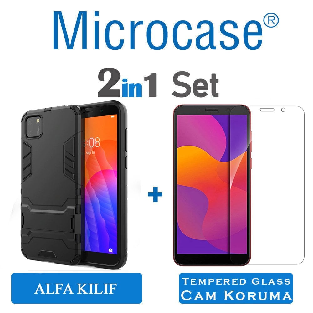 Microcase Huawei Y5P Alfa Serisi Armor Standlı Perfect Koruma Kılıf - Siyah + Tempered Glass Cam Koruma