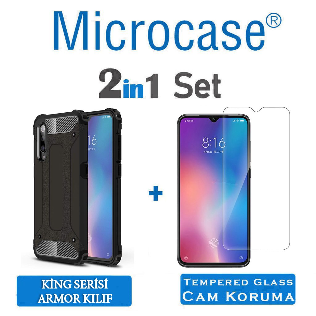 Microcase Xiaomi Mi 9 Explorer King Serisi Armor Perfect Koruma Kılıf Siyah + Tempered Glass Cam Koruma (SEÇENEKLİ)