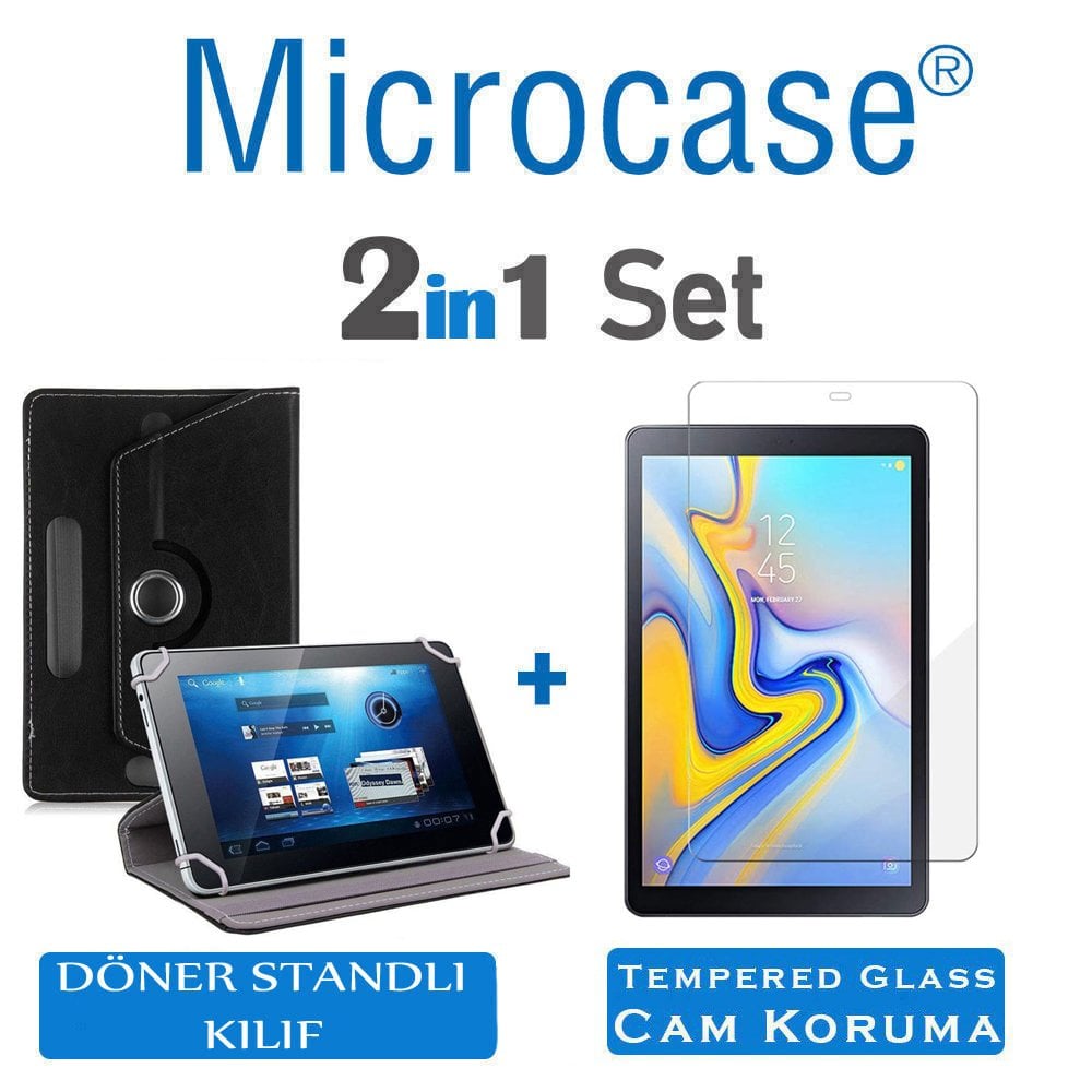 Microcase Samsung Galaxy Tab A T590 T595 10.5 inch Tablet Universal Döner Standlı Kılıf - Siyah + Tempered Glass Cam Koruma
