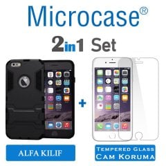 Microcase iPhone 6 Plus - 6s Plus Alfa Serisi Armor Standlı Perfect Koruma Kılıf - Siyah + Tempered Glass Cam Koruma