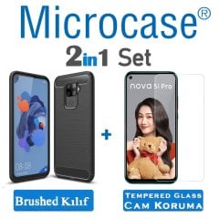 Microcase Huawei Nova 5i Pro Brushed Carbon Fiber Silikon Kılıf - Siyah + Tempered Glass Cam Koruma