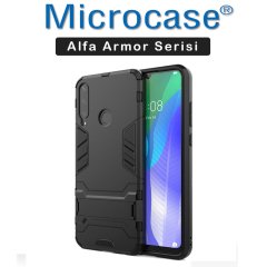 Microcase Huawei Y6P Alfa Serisi Armor Standlı Perfect Koruma Kılıf - Siyah + Tempered Glass Cam Koruma