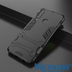 Microcase Huawei Y6P Alfa Serisi Armor Standlı Perfect Koruma Kılıf - Siyah + Tempered Glass Cam Koruma