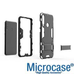 Microcase Huawei Y6P Alfa Serisi Armor Standlı Perfect Koruma Kılıf - Siyah + Tempered Glass Cam Koruma