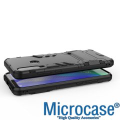 Microcase Huawei Y6P Alfa Serisi Armor Standlı Perfect Koruma Kılıf - Siyah + Tempered Glass Cam Koruma