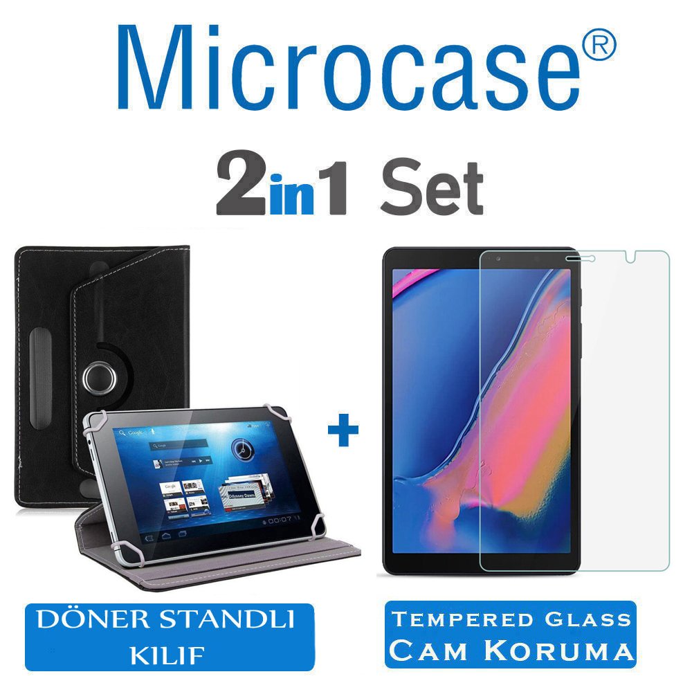 Microcase Samsung Galaxy Tab A 8 2019 T290 T295 T295 Universal Döner Standlı Kılıf - Siyah + Tempered Glass Cam Koruma