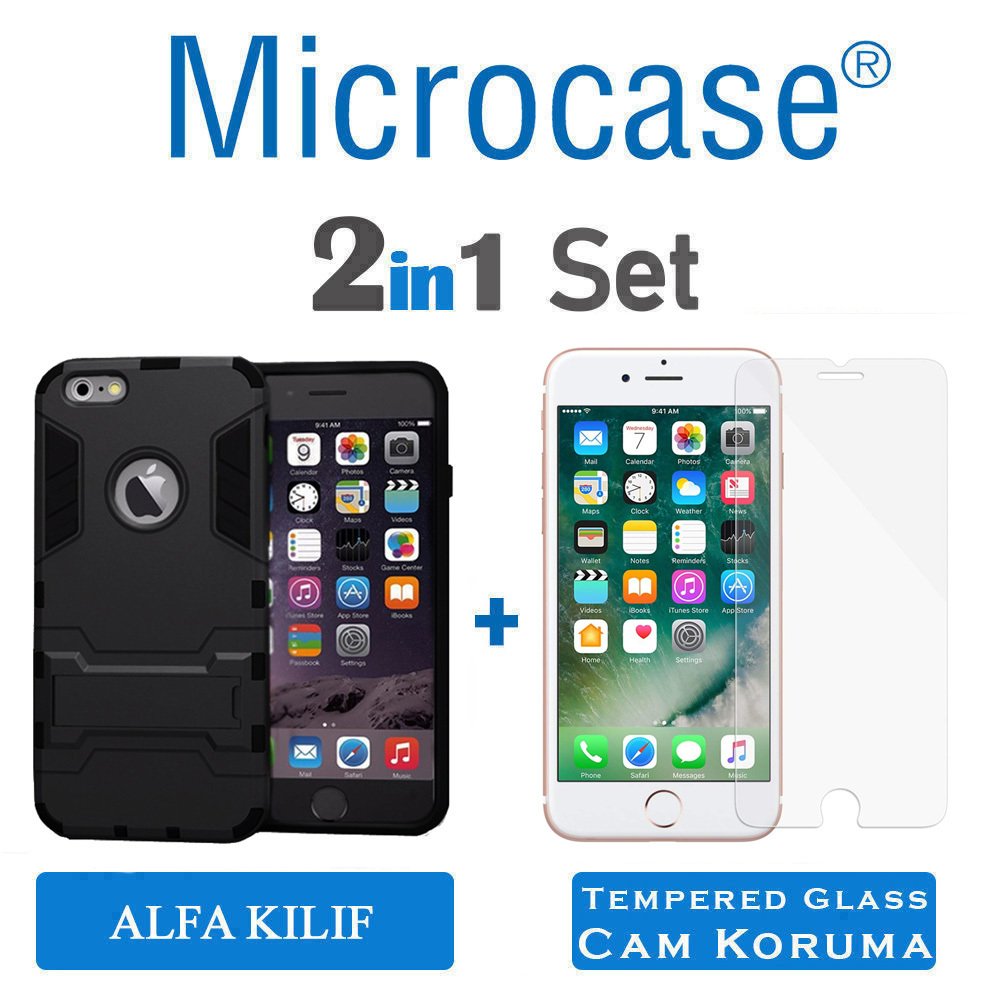 Microcase iPhone 8 Alfa Serisi Armor Standlı Perfect Koruma Kılıf - Siyah + Tempered Glass Cam Koruma