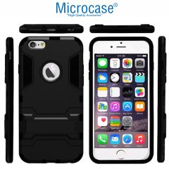 Microcase iPhone 8 Alfa Serisi Armor Standlı Perfect Koruma Kılıf - Siyah + Tempered Glass Cam Koruma