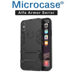 Microcase iPhone X - iPhone XS Alfa Serisi Armor Standlı Perfect Koruma Kılıf - Siyah + Tempered Glass Cam Koruma
