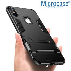 Microcase iPhone X - iPhone XS Alfa Serisi Armor Standlı Perfect Koruma Kılıf - Siyah + Tempered Glass Cam Koruma