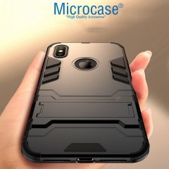 Microcase iPhone X - iPhone XS Alfa Serisi Armor Standlı Perfect Koruma Kılıf - Siyah + Tempered Glass Cam Koruma