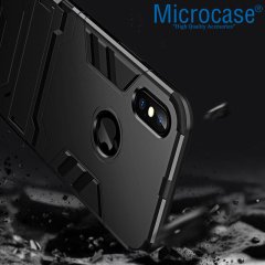 Microcase iPhone X - iPhone XS Alfa Serisi Armor Standlı Perfect Koruma Kılıf - Siyah + Tempered Glass Cam Koruma