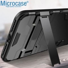 Microcase iPhone X - iPhone XS Alfa Serisi Armor Standlı Perfect Koruma Kılıf - Siyah + Tempered Glass Cam Koruma