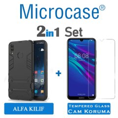 Microcase Huawei Y7 2019 Alfa Serisi Armor Standlı Perfect Koruma Kılıf - Siyah + Tempered Glass Cam Koruma