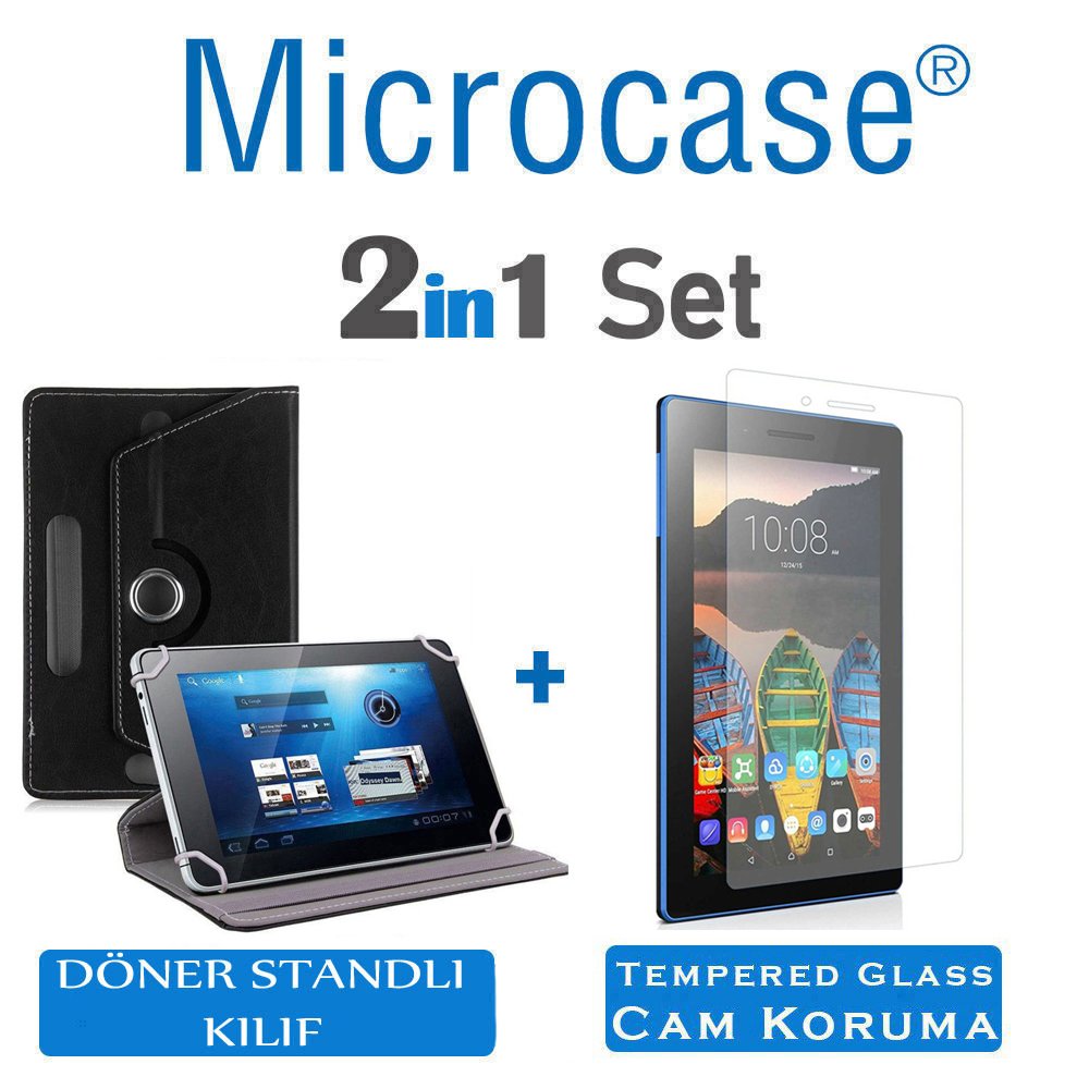 Microcase Lenovo Tab3 7 710F 7 inch Tablet Universal Döner Standlı Kılıf - Siyah + Tempered Glass Cam Koruma