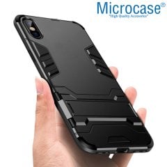 Microcase iPhone XS Max Alfa Serisi Armor Standlı Perfect Koruma Kılıf - Siyah + Tempered Glass Cam Koruma