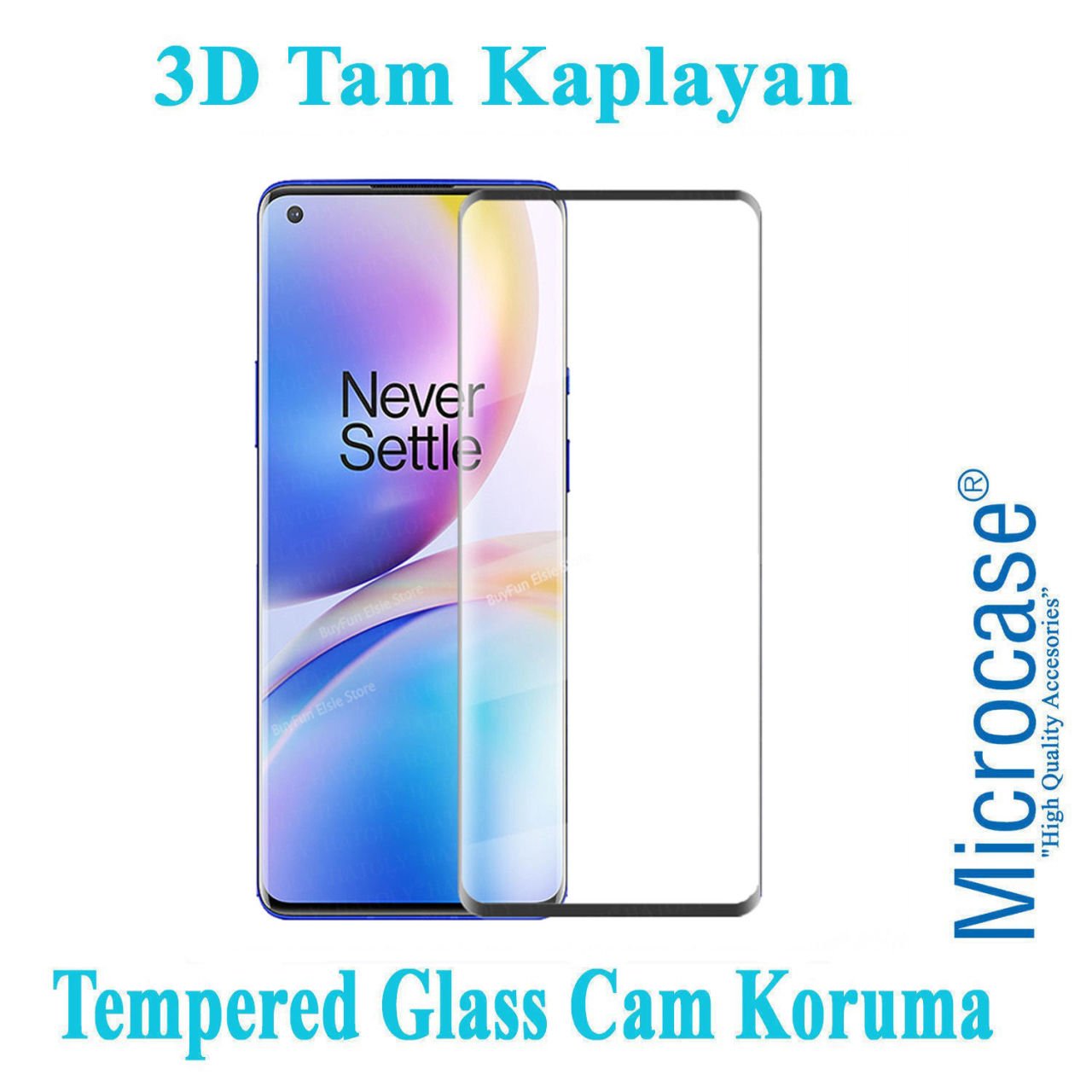 Microcase OnePlus 8 3D Curved Tam Kaplayan Tempered Glass Cam Koruma - Siyah