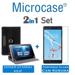 Microcase Lenovo Tab 4 7 TB-7504 Tablet Universal Döner Standlı Kılıf - Siyah + Tempered Glass Cam Koruma