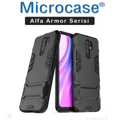 Microcase Xiaomi Redmi 9 Alfa Serisi Armor Standlı Perfect Koruma Kılıf - Siyah