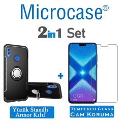 Microcase Huawei Honor Microcase Huawei Honor 8X Yüzük Standlı Armor Silikon Kılıf + Tempered Glass