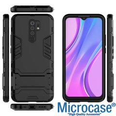 Microcase Xiaomi Redmi 9 Alfa Serisi Armor Standlı Perfect Koruma Kılıf - Siyah + Tempered Glass Cam Koruma