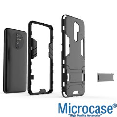 Microcase Xiaomi Redmi 9 Alfa Serisi Armor Standlı Perfect Koruma Kılıf - Siyah + Tempered Glass Cam Koruma