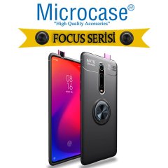 Microcase Mi 9T - Mi 9T Pro Focus Serisi Yüzük Standlı Silikon Kılıf - Siyah + Tempered Glass Cam Koruma