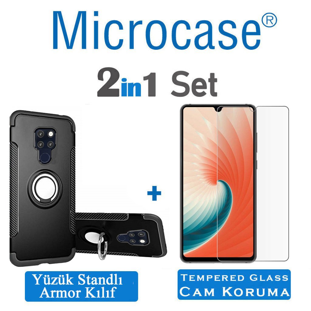 Microcase Huawei Mate 20 Yüzük Standlı Armor Silikon Kılıf + CAM