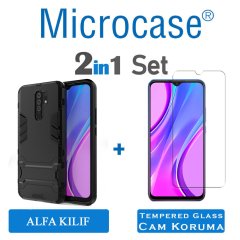 Microcase Xiaomi Redmi 9 Alfa Serisi Armor Standlı Perfect Koruma Kılıf - Siyah + Tempered Glass Cam Koruma