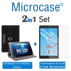 Microcase Lenovo Tab 4 E8 TB-8304F TD307 8 inch Tablet Universal Döner Standlı Kılıf - Siyah + Tempered Glass Cam Koruma