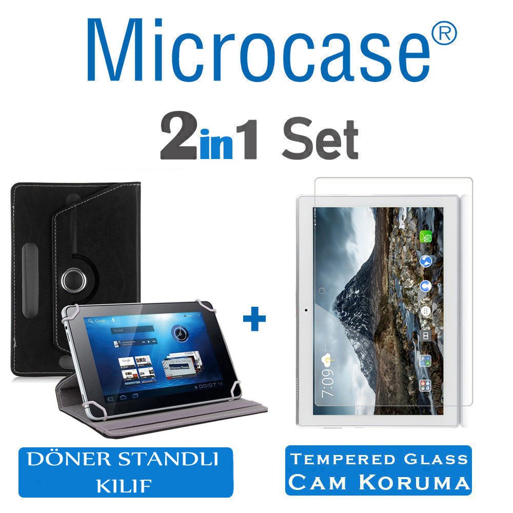 Microcase Lenovo Tab E10 TB-X104F 10 inch Tablet Universal Döner Standlı Kılıf - Siyah + Tempered Glass Cam Koruma