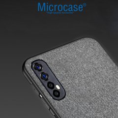 Realme 7 Fabrik Serisi Kumaş ve Deri Desen Kılıf - Gri